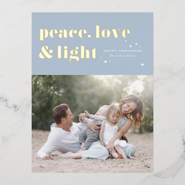 Peace Love and Light Light Blue Hanukkah Photo Foil Holiday Postcard (Front)