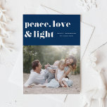 Peace Love and Light Navy Blue Hanukkah Photo Foil Holiday Card<br><div class="desc">Peace,  love,  and light. | Send your Hanukkah greetings to family and friends with this customisable Hanukkah card. It features retro bold typography. Personalise this photo Hanukkah card by adding your details. This silver foil Hanukkah card is available in other colours and cardstock. Matching items are also available.</div>