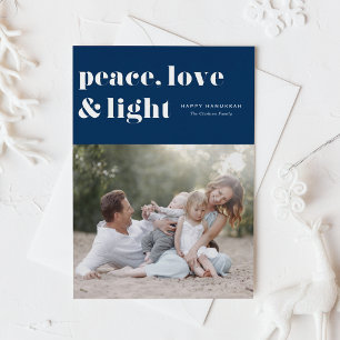 Peace Love and Light Navy Blue Hanukkah Photo Foil Holiday Card