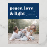 Peace Love and Light Navy Blue Hanukkah Photo Foil Holiday Postcard<br><div class="desc">Peace,  love,  and light. | Send your Hanukkah greetings to family and friends with this customisable Hanukkah postcard. It features retro bold typography. Personalise this photo Hanukkah postcard by adding your details. This silver foil Hanukkah postcard is available in other colours and cardstock. Matching items are also available.</div>