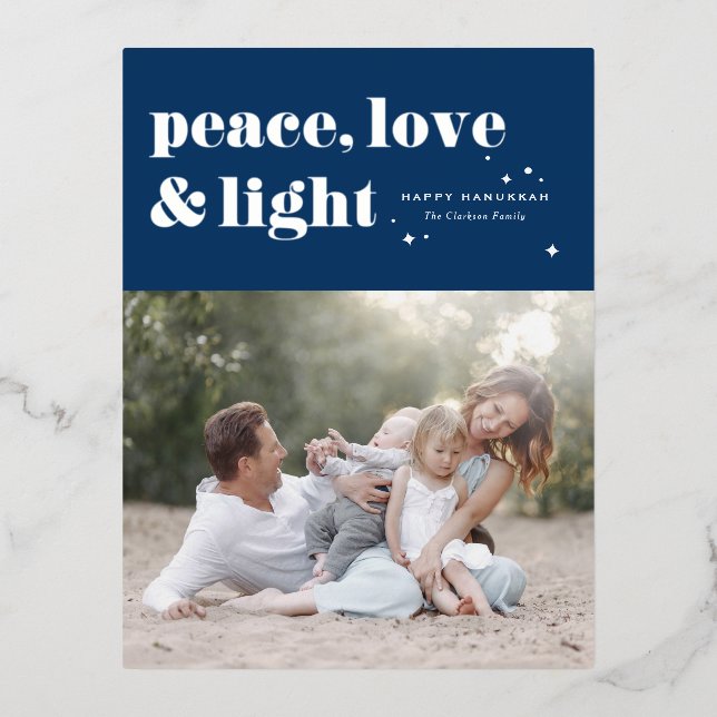 Peace Love and Light Navy Blue Hanukkah Photo Foil Holiday Postcard (Front)