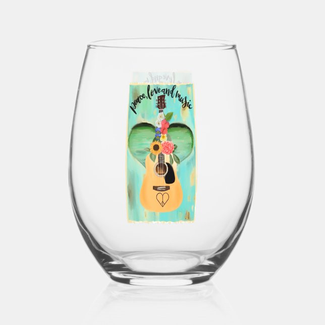 Peace, Love, and Music Stemless Wine Glass (Front)