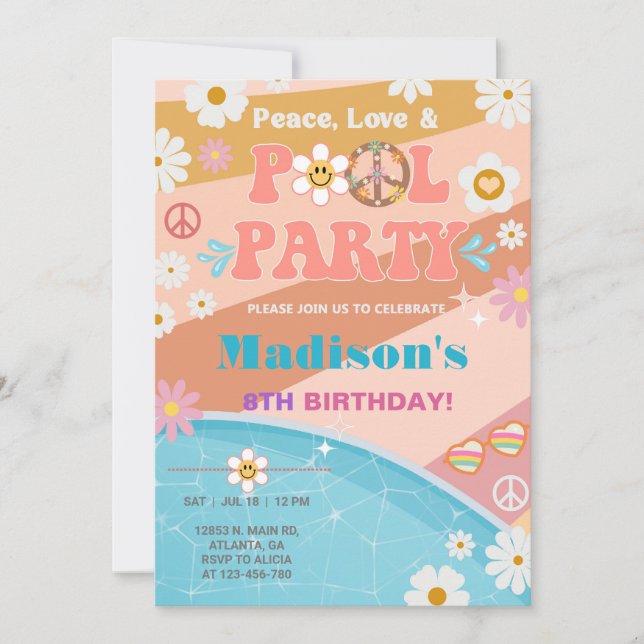 Peace Love and Pool Party groovy birthday. Invitation (Front)