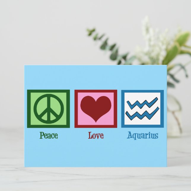 Peace Love Aquarius Sign Cute Blue Birthday Card (Standing Front)
