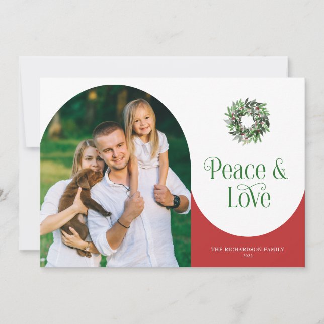 Peace & Love Arched Photo Modern Holiday Card (Front)