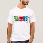 Peace Love Astronomy T-Shirt<br><div class="desc">I love outer space. A peace sign,  heart and a telescope for looking at the planets and the stars.</div>