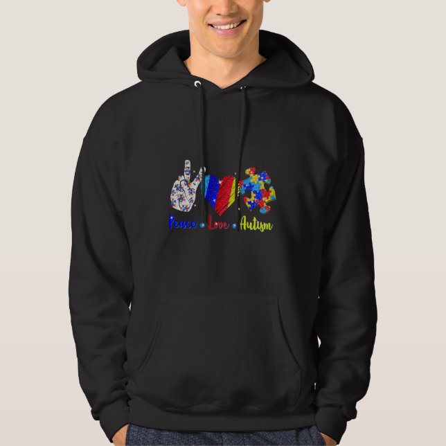 Peace Love Autism Awareness Puzzle Ribbon Mens Wom Hoodie (Front)