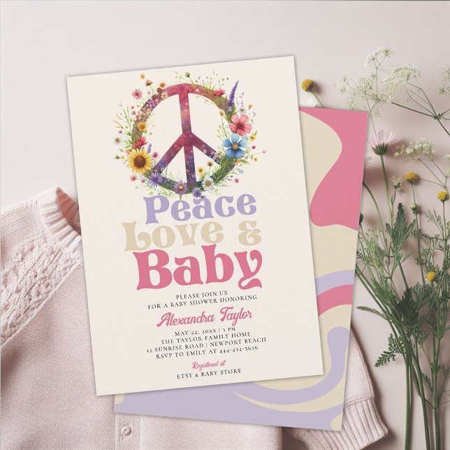 Peace Love Baby Wildflowers Retro Baby Girl Shower Invitation (peace love baby groovy hippie retro vintage girl shower invitation blue pink purple beige)