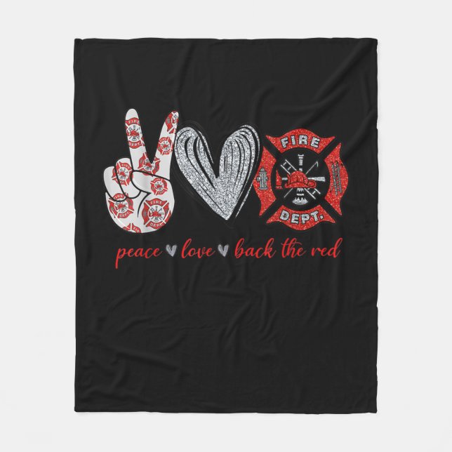 Peace Love Back Red | Funny Firefighter Lover Gift Fleece Blanket (Front)
