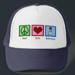 Peace Love Badminton Player Trucker Hat<br><div class="desc">A peace sign,  heart,  and the badminton shuttlecock decorate this cute badminton player hat gift. Peace Love Badminton cap.</div>