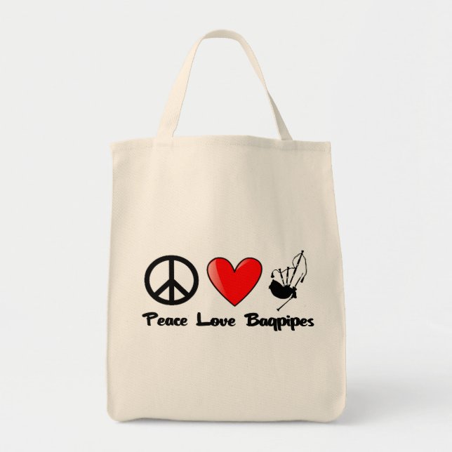 Peace, Love, Bagpipes Tote Bag (Front)