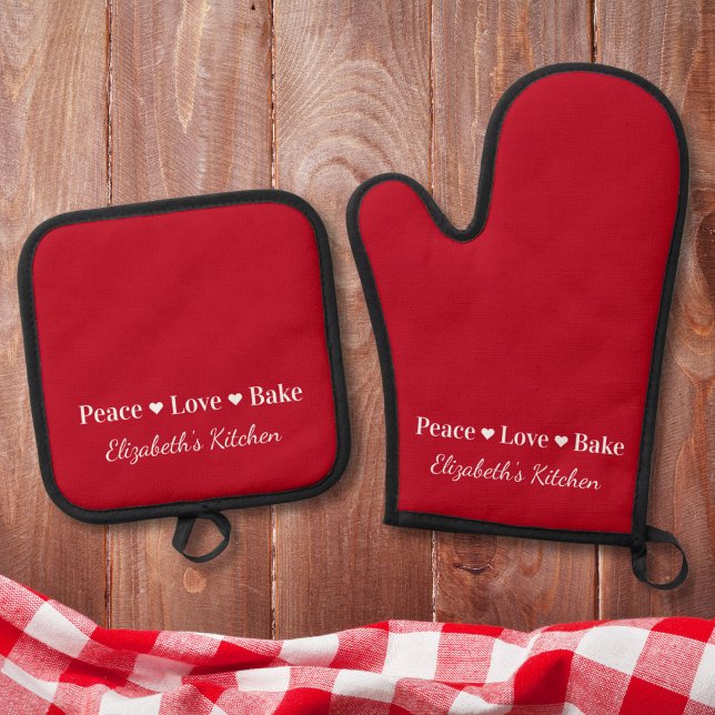 Peace Love Bake Personalised Red Oven Mitt & Pot Holder Set (Creator Uploaded)