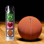 Peace Love Basketball Player Cute Personalised Water Bottle<br><div class="desc">Personalise this cute Peace Love Basketball water bottle with a player or coach name under the peace sign,  heart,  and ball. A cool sports gift for Christmas.</div>