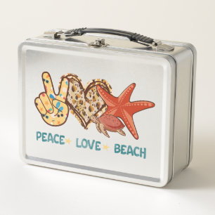 Peace, Love, Beach   Hand-Peace, Heart, Turtle Metal Lunch Box