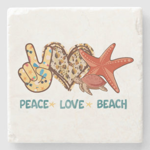 Peace, Love, Beach Hand-Peace, Heart, Turtle Stone Coaster