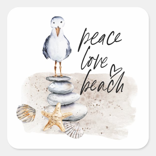 Peace Love Beach Seagull Coastal Square Sticker (Front)