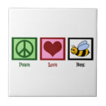 Peace Love Bees Ceramic Tile<br><div class="desc">A peace sign,  heart,  and a cute bumblebee. I love black and yellow striped honey bees gifts.</div>
