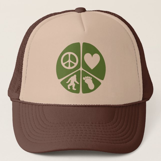 Peace Love Bigfoot Trucker Hat (Front)