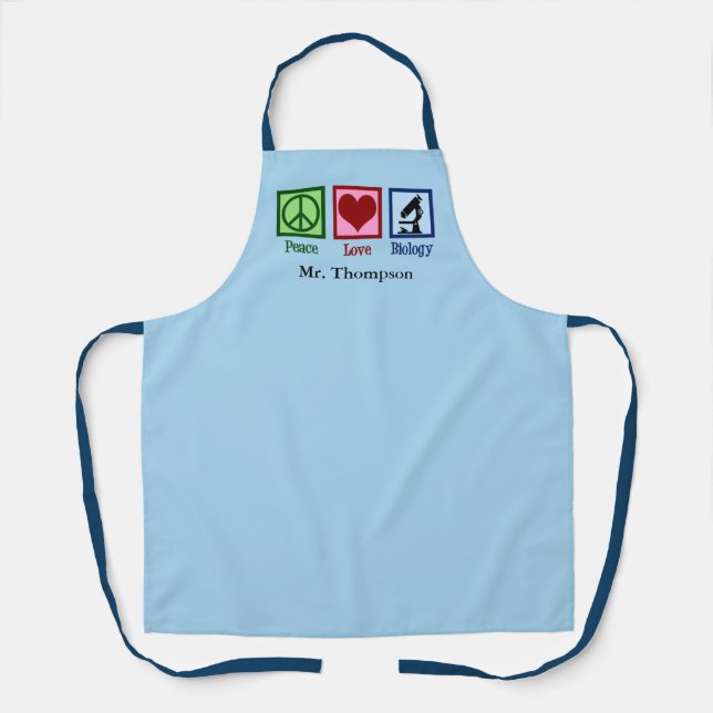 Peace Love Biology Teacher Blue Custom Science Lab Apron (Front)