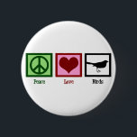 Peace Love Birds 6 Cm Round Badge<br><div class="desc">Birds are a beautiful gift of nature. This pretty button features a green peace sign,  a red heart,  and a black bird silhoutte sitting in a square. A cute Christmas present for a birdwatcher into birding.</div>