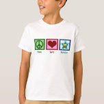 Peace Love Birthday Kids T-Shirt<br><div class="desc">A peace sign,  a heart,  and a cute birthday cake with a candle in it. A pretty birthday children's t-shirt.</div>