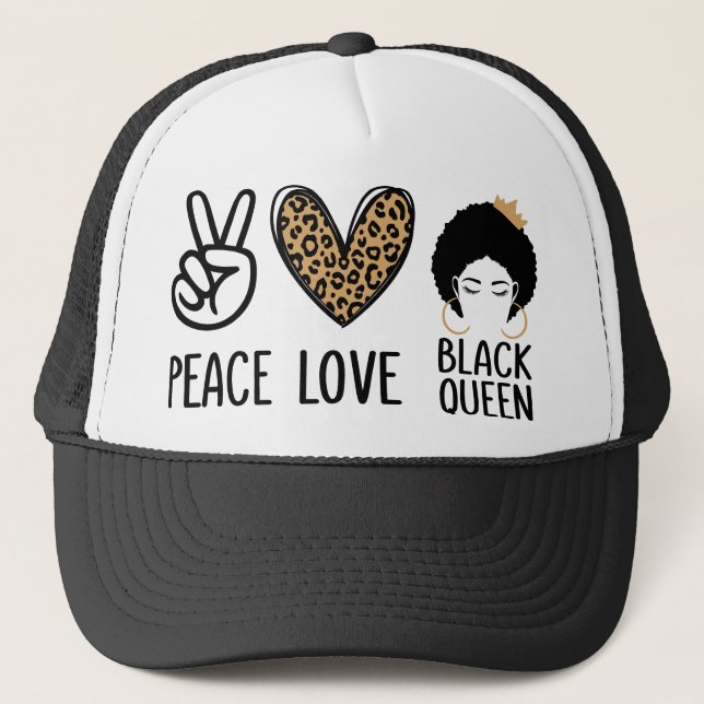 Peace Love Black Queen Leopard Black Women & Girl Trucker Hat (Front)