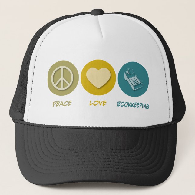 Peace Love Bookkeeping Trucker Hat (Front)