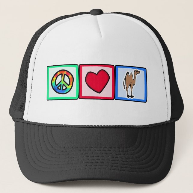 Peace, Love, Camels Trucker Hat (Front)