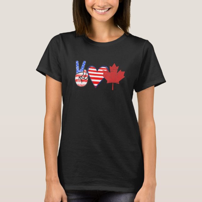 Peace Love Canada Usa Flag  Heart Canadian America T-Shirt (Front)