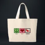 Peace Love Cardinals Large Tote Bag<br><div class="desc">A pretty cardinal gift featuring a peace sign,  heart,  and beautiful red bird. A cute birding gift for a bird watcher that loves beautiful bird watching and collecting cool birds presents. Peace Love Cardinals.</div>