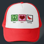 Peace Love Cardinals Trucker Hat<br><div class="desc">A pretty cardinal gift featuring a peace sign,  heart,  and beautiful red bird. A cute birding gift for a bird watcher that loves beautiful bird watching and collecting cool birds presents. Peace Love Cardinals.</div>