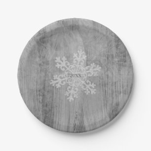 Peace Love Cheer Silver Snowflake Holiday Party Paper Plate