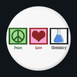 Peace Love Chemistry Magnet<br><div class="desc">If you are a scientist or need a geeky gift for the nerd in your life,  this cute design features a peace sign,  heart,  and chemicals in a beaker.</div>