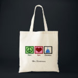 Peace Love Chemistry Teacher Custom Tote Bag<br><div class="desc">If you are a scientist or need a geeky gift for the nerd in your life,  this cute chemistry teacher tote bag features a peace sign,  heart,  and chemicals in a beaker.</div>