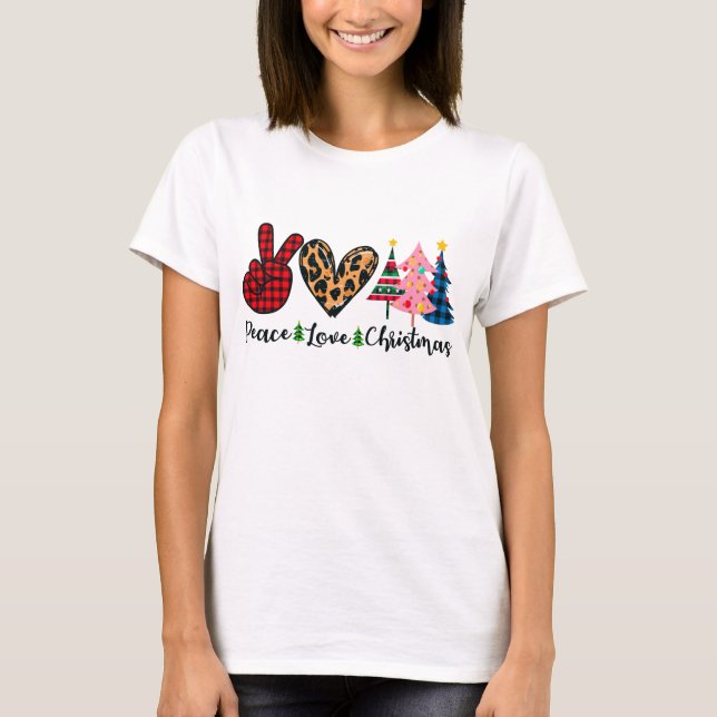 Peace Love Christmas in Pink Blue Green Holiday T-Shirt (Front)
