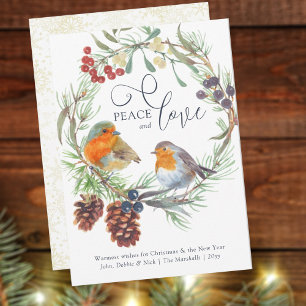 Peace & Love Christmas Robin Mistletoe Pine Wreath Holiday Card