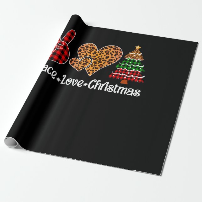 Peace Love Christmas Tree Plaid Leopard Print Wrapping Paper (Unrolled)