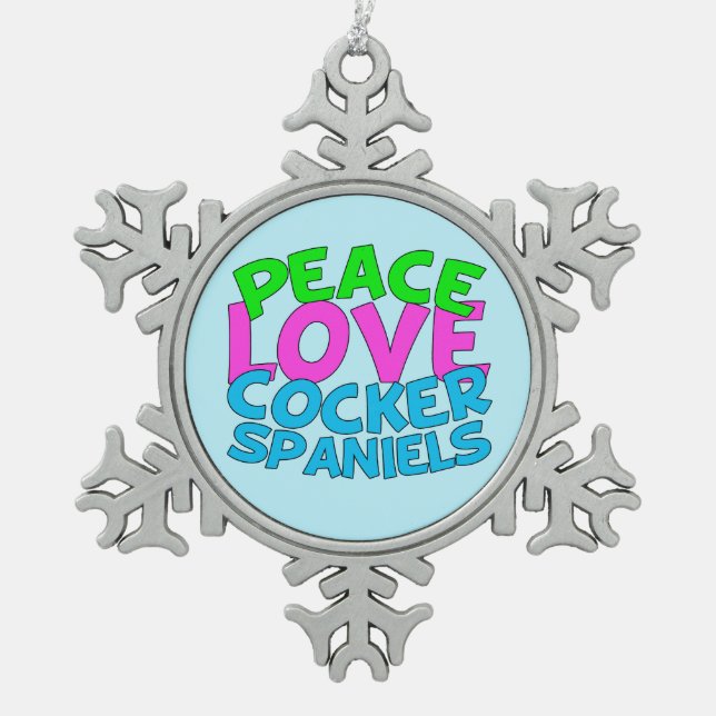 Peace Love Cocker Spaniels Snowflake Pewter Christmas Ornament (Front)