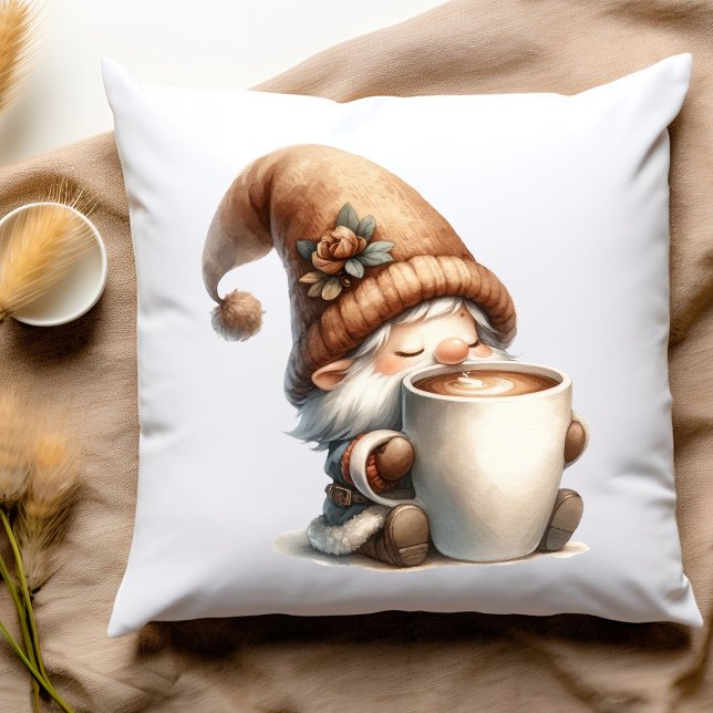 "Peace, Love, Coffee" Happy Gnome Drinking Coffee Cushion (Happy gnome drinking coffee pillow)