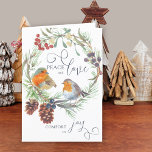 Peace Love Comfort Joy Christmas Wreath Nature Holiday Card<br><div class="desc">Peace and Love, Comfort and Joy personalised christmas card with traditional natural wreath, Christmas robins and elegant calligraphy. This sweet nature themed watercolor design features a pair of red robin, mistletoe, winter berries, pine branches and pine cones. The template is ready for you to add your greeting and personalised text....</div>