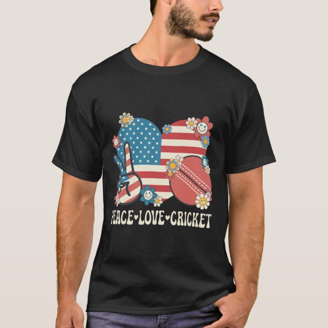 Peace Love Cricket Lover American Flag Patriotic C T-Shirt (Front)