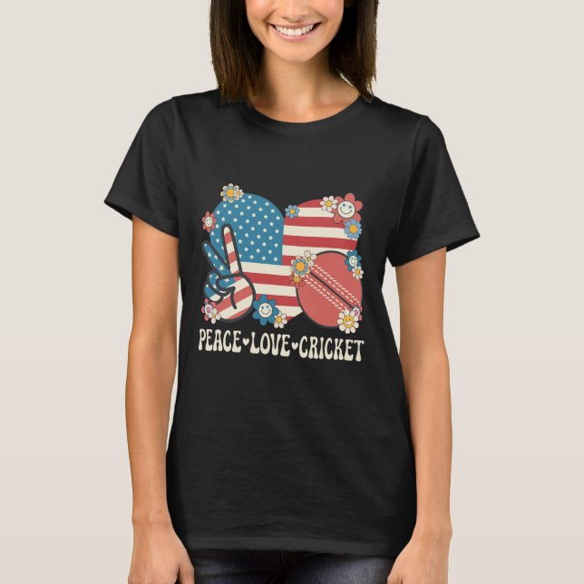 Peace Love Cricket Lover American Flag Patriotic C T-Shirt (Front)
