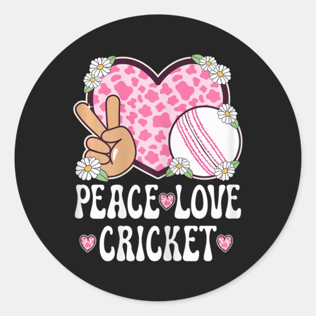 Peace Love Cricket Lover Cow Print Women Girls Cut Classic Round Sticker (Front)