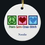 Peace Love Cross Stitch Cute Personalised Ceramic Ornament<br><div class="desc">Cute cross stitching ornament gift for someone who loves to create things. This custom Peace Love Cross Stitch gift features a peace sign,  heart,  and a pretty cross-stitch pattern heart.</div>