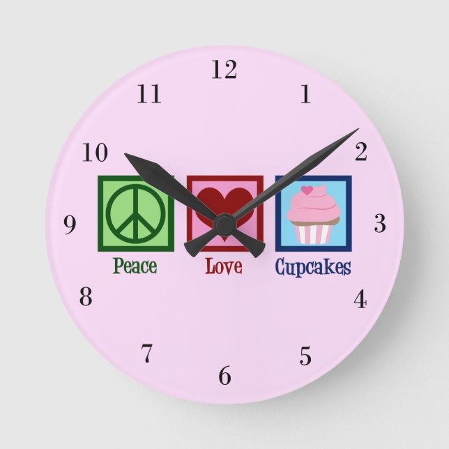 Peace Love Cupcakes Cute Pink Bakery Shop Round Clock (Front)