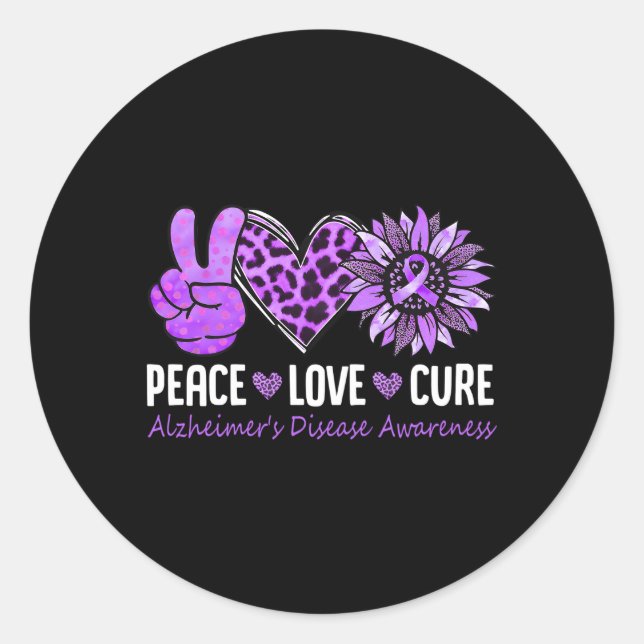 Peace Love Cure Alzheimer'S Disease Awareness Purp Classic Round Sticker (Front)