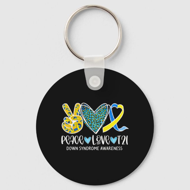Peace Love Cure Blue & Yellow Ribbon Down Syndrome Key Ring (Front)