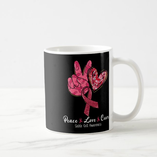 Peace Love Cure Burgundy Ribbon Sickle Cell Awaren Coffee Mug (Right)