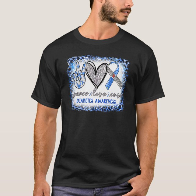 Peace Love Cure Diabetes Awareness Blue Grey Ribbo T-Shirt (Front)