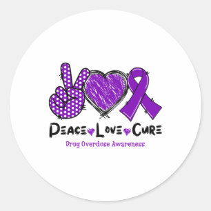 Peace Love Cure Drug Overdose Awareness Purple Rib Classic Round Sticker